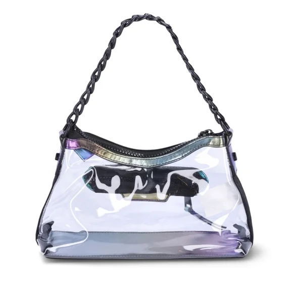Madden NYC Denim Iridescent Clear Hobo Crossbody w Chain Bag Set 9x6.5x4 - Picture 2 of 4